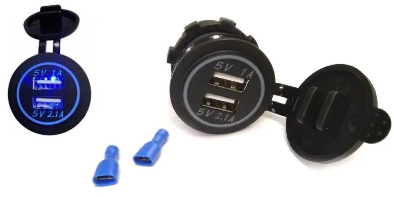 Гніздо під 2 USB DC 12-24V/5V 2,1-2,1A синій індикатор з різьбою А17В 00000062433 фото