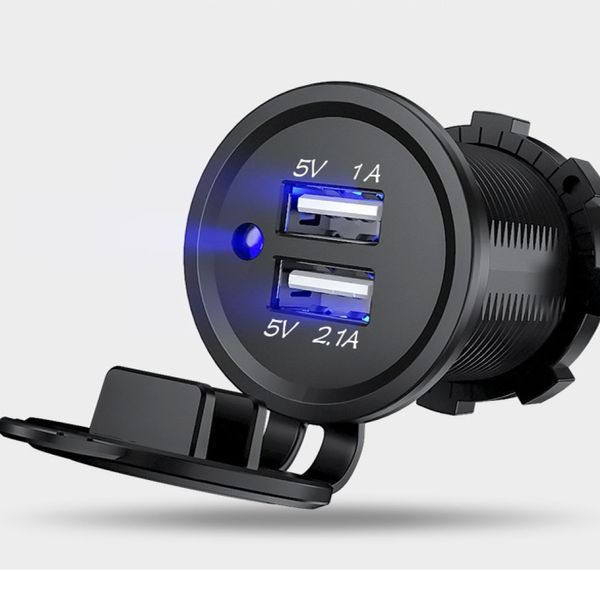 Гніздо під 2 USB DC 12-24V/5V 2,1-1A, синій індикатор з різьбленням 00000050052 фото